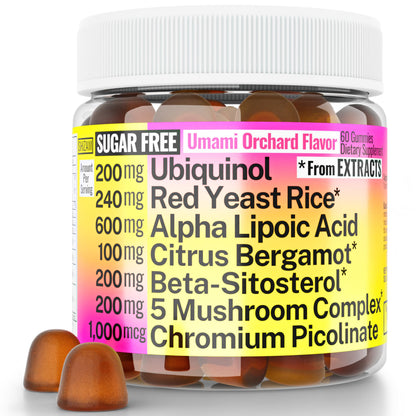 Red Yeast Rice Alpha Lipoic Acid Ubiquinol CoQ10 Citrus Bergamot Beta-Sitosterol Chromium Picolinate Sugar-Less Gummies w Lion's Mane Turkey Tail Reishi Cordyceps Chaga, Pills Capsules Supplement Alt