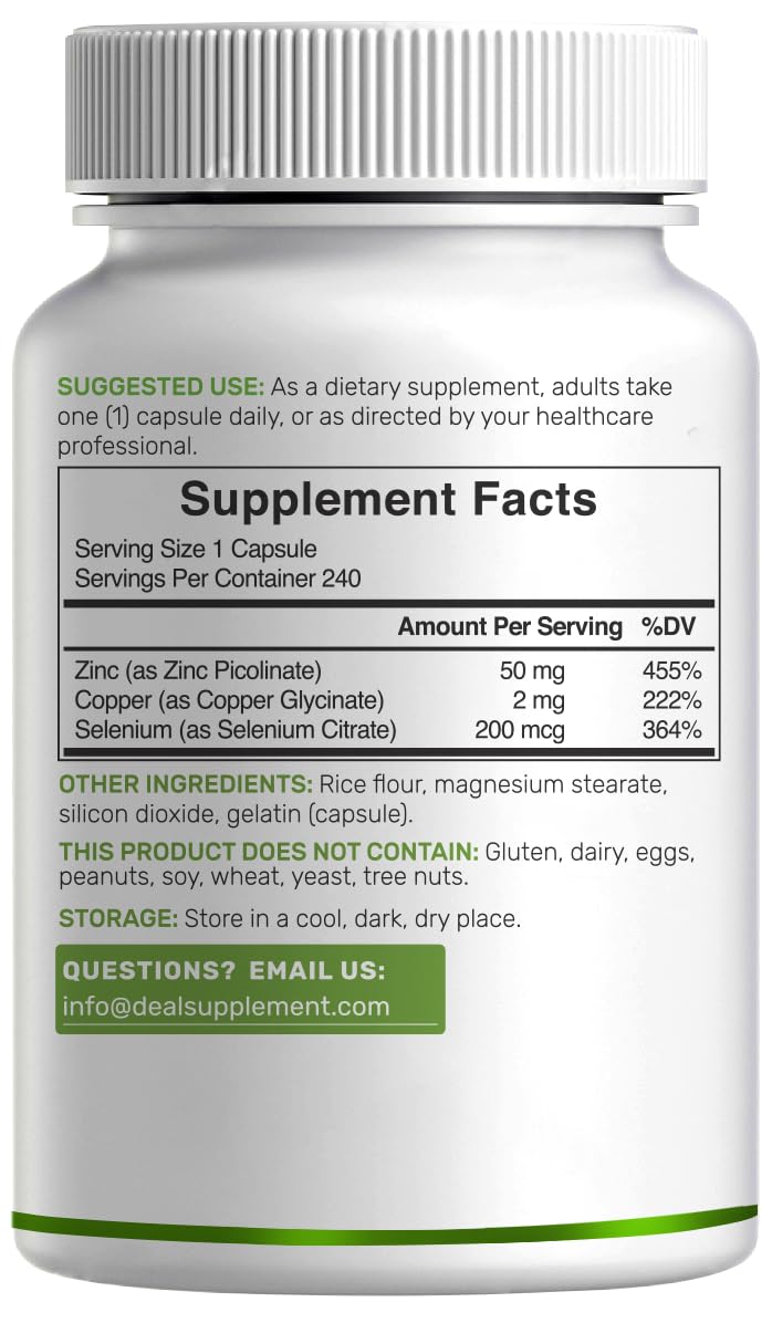 Zinc Picolinate 50mg with Selenium & Copper – 240 Capsules (8 Months) | Immune Support