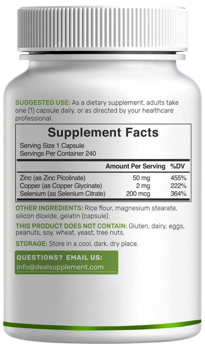 Zinc Picolinate 50mg with Selenium & Copper – 240 Capsules (8 Months) | Immune Support