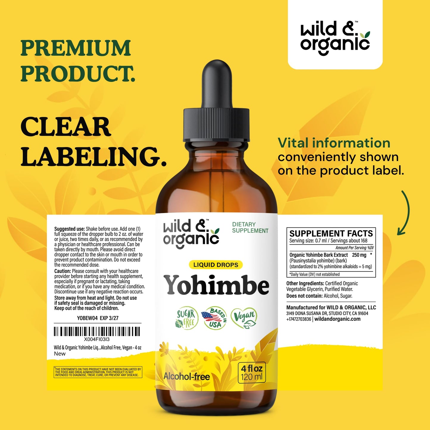 Wild & Organic Yohimbe Supplements for Men & Women - 5 mg Yohimbine Extract Tincture - Alcohol-Free Yohimbe Bark Drops - Vegan, Non-GMO & Sugar-Free - 4 fl oz