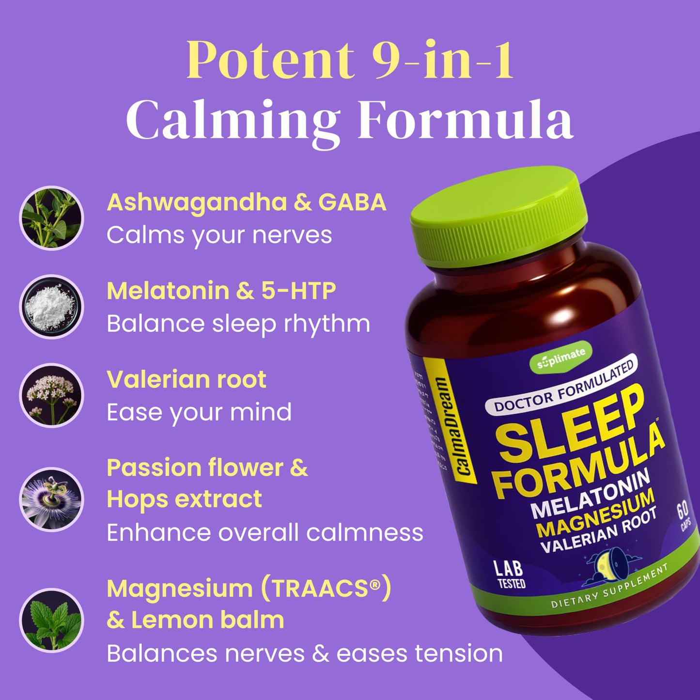 9-in-1 Melatonin Sleep Aid for Adults - USA Made, Lab Tested, 5mg Melatonin, 108mg Magnesium