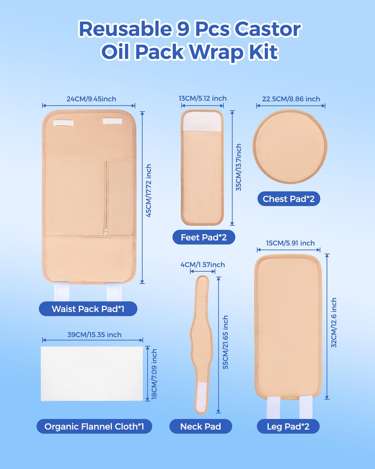 9-Piece Castor Oil Pack Wrap Kit – Reusable Organic Cotton Compress Set