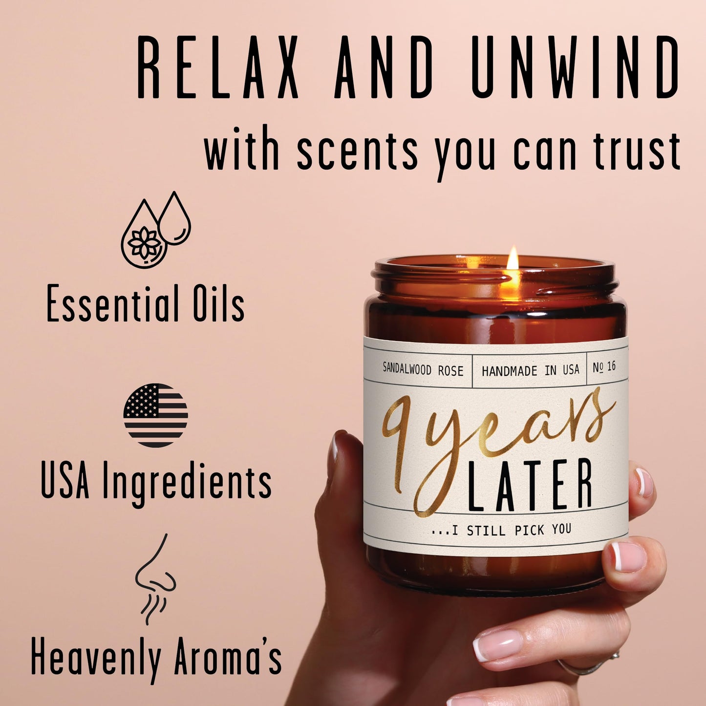 9 Year Anniversary Gift for Her — 9 Years Later Soy Candle, Sandalwood Rose, USA Made