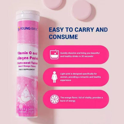 9 YOUNG-BASIC Vitamin C & Collagen Effervescent Tablets – Immune Support & Skin Radiance (Sweet Orange, 40 Tablets)
