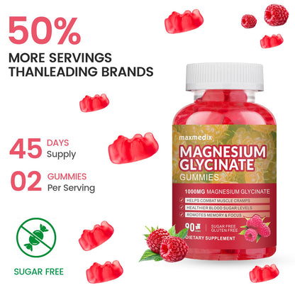 Magnesium Glycinate Gummies 1000mg – Sugar Free Potassium Magnesium Chewables for Sleep & Relaxation | 90 Peach Gummies