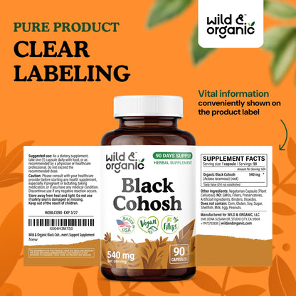 Wild & Organic Black Cohosh for Women Capsules 540 mg | Vegan, Non-GMO | 90-Count