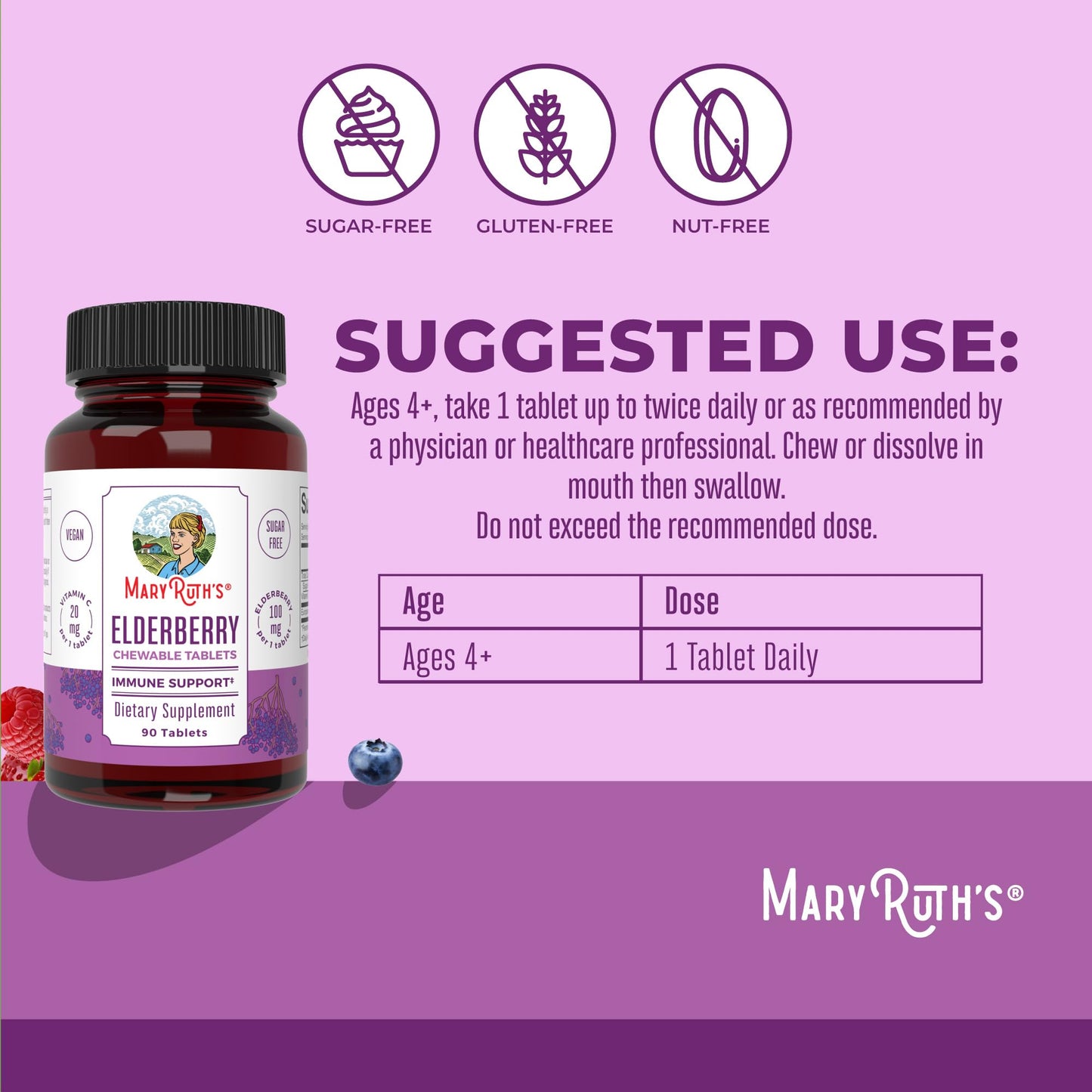 MaryRuth Organics Elderberry Vitamin C Chewable Tablets – Immune Support – 90 Servings – Gluten Free | Non-GMO