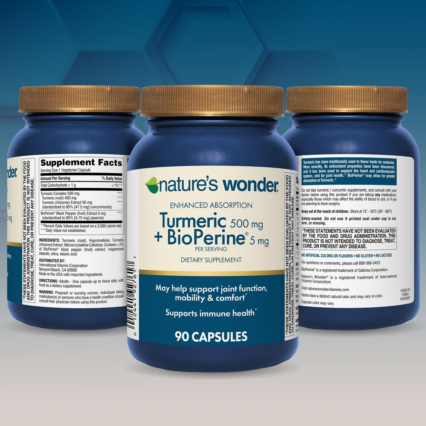 Nature's Wonder Turmeric Supplement with BioPerine 500mg - 90 Vegetarian Capsules