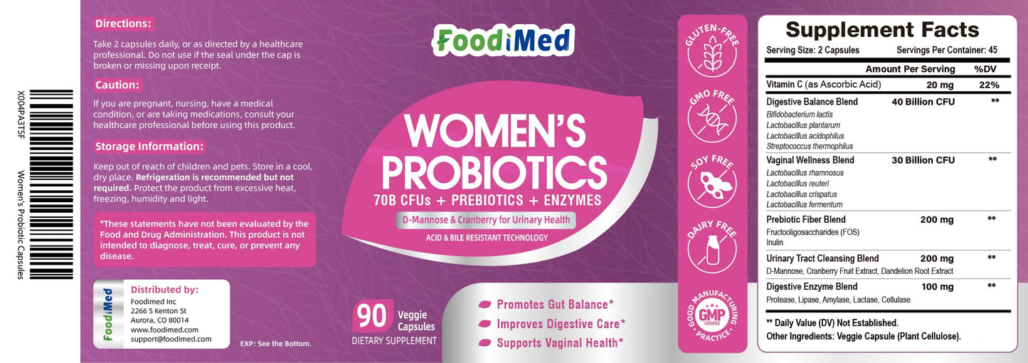 Probiotics for Women Digestive Health – 70 Billion CFU, Cranberry & Urinary Support, 90 Veggie Capsules