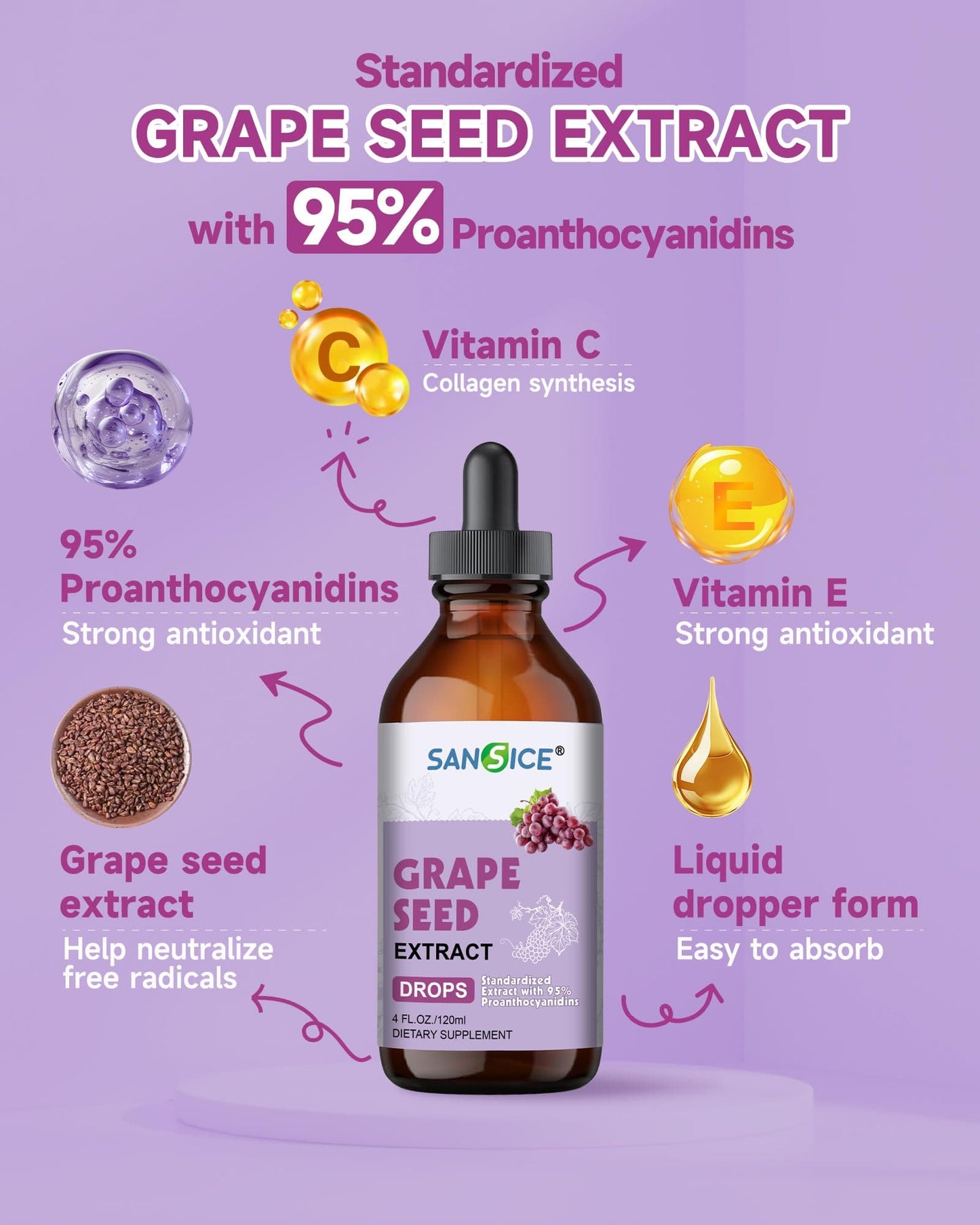 Organic Grape Seed Extract Liquid Drops 300mg – 95% Proanthocyanidins, Non-GMO, 4 fl oz