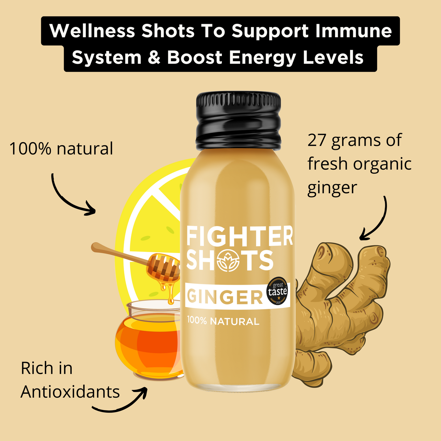 Fighter Shots Organic Ginger Shot - 27g organic cold pressed ginger in every bottle | 60ml | Single, 6-Pack or 12-Pack