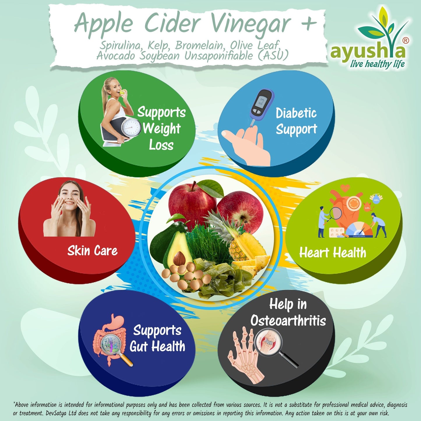 Ayushya Apple Cider Vinegar Capsules (ACV) with Kelp, Spirulina, Bromelain, Olive Leaf Digestive & Metabolic Wellness Support - Vegan, Gluten Free, Non-GMO, 60 Capsules