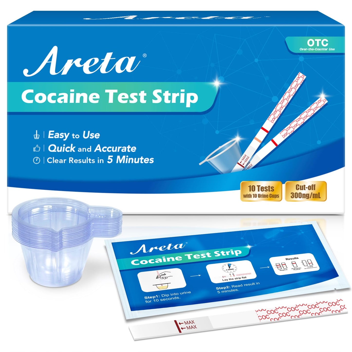 Areta Cocaine Test Strip – 10 Pack, 300 ng/mL, Instant 5 Min Results | ASCOC-114