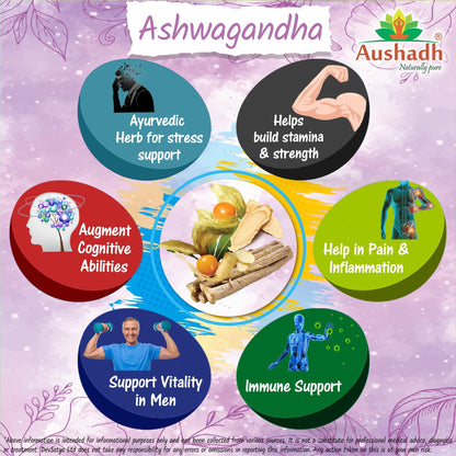Aushadh Ashwagandha with Turmeric & Piperine Capsules (Indian Ginseng) Stress Balance & Joint Comfort Support - Vegan, Gluten Free, Non-GMO, 60 Capsules