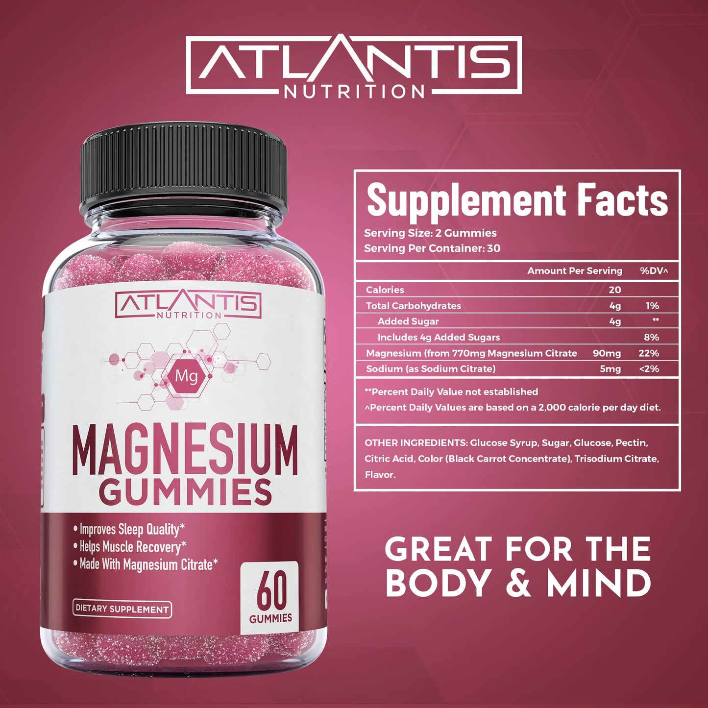 Atlantis Nutrition Magnesium Citrate Gummies – 770mg Magnesium Citrate for Kids & Adults | Supports Muscle Recovery, Eases Cramps, Promotes Calmness & Better Sleep | 60 Vegan Gummies