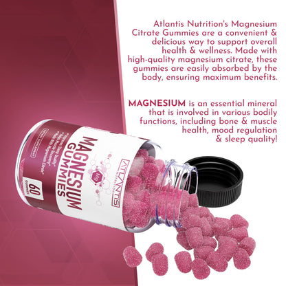 Atlantis Nutrition Magnesium Citrate Gummies – 770mg Magnesium Citrate for Kids & Adults | Supports Muscle Recovery, Eases Cramps, Promotes Calmness & Better Sleep | 60 Vegan Gummies