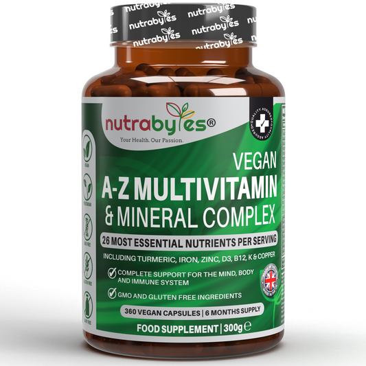 Vegan A-Z Multivitamin & Mineral Complex (26 Essential Nutrients), 360 Capsules (6 months) | Healthy Mind, Body and Immune System | Made in the UK NUTRABYTES