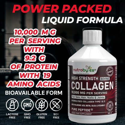 High-Strength Liquid Bovine Collagen Supplement for Women and Men, 10,000 mg Liquid Collagen with Hyaluronic Acid and Vitamin C, 19 Amino Acids,  Collagen Types 1 and 3, Berry Flavoured, Halal & Kosher certified