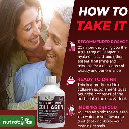 High-Strength Liquid Bovine Collagen Supplement for Women and Men, 10,000 mg Liquid Collagen with Hyaluronic Acid and Vitamin C, 19 Amino Acids,  Collagen Types 1 and 3, Berry Flavoured, Halal & Kosher certified