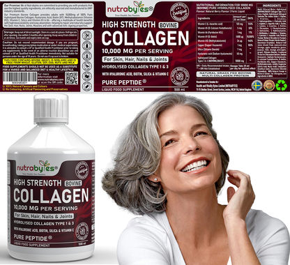 High-Strength Liquid Bovine Collagen Supplement for Women and Men, 10,000 mg Liquid Collagen with Hyaluronic Acid and Vitamin C, 19 Amino Acids,  Collagen Types 1 and 3, Berry Flavoured, Halal & Kosher certified