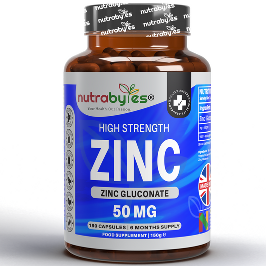 Zinc (Gluconate) 50mg | Maximum Strength, Pure Zinc Capsules | 180 Vegan Capsules | 6 Months Supply | Immunity Support, Eye & Skin Health | Made in the UK NUTRABYTES