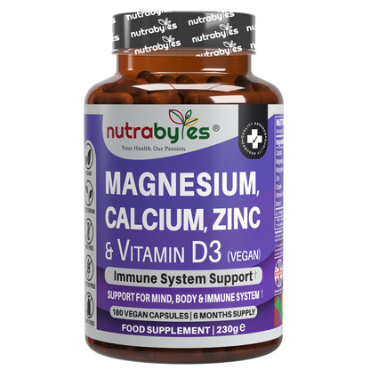 Magnesium, Calcium, Zinc & Vitamin D3 (Vegan D3) | Advanced Immunity Support | 6 Months Supply | Made in the UK