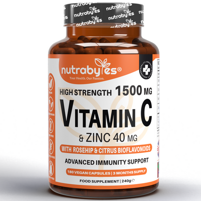 High Strength Vitamin C 1500mg and Zinc 40mg | High Strength Vegan Capsules | Advanced Immunity Support | Sugar Free | 3 Months Supply | Made in the UK
