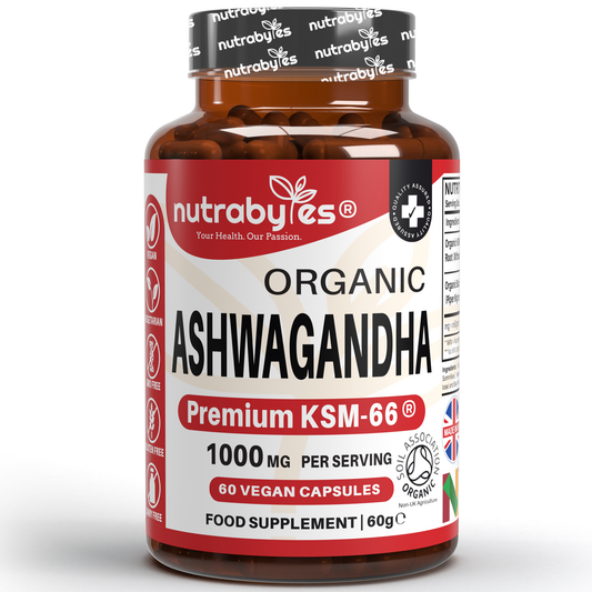 Organic Ashwagandha KSM66® 1000mg Per Serving with Organic Black Pepper, Certified Organic by Soil Association NUTRABYTES