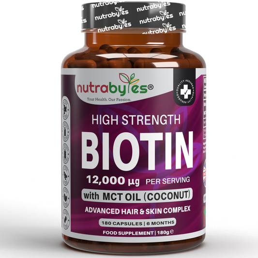 High Strength Biotin 12000mcg with MCT Oil (Coconut) | 180 Capsules (6 months) | Hair & Skin | Made in the UK NUTRABYTES