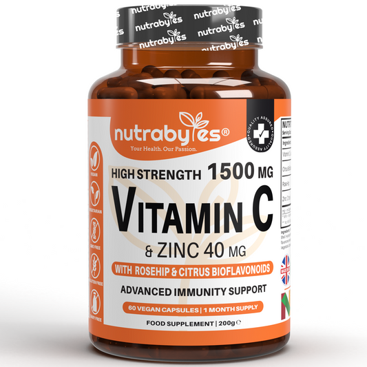 High Strength Vitamin C and Zinc | Advanced Immunity Support | 60 Vegan Capsules | 1 Month Supply | Made in the UK NUTRABYTES