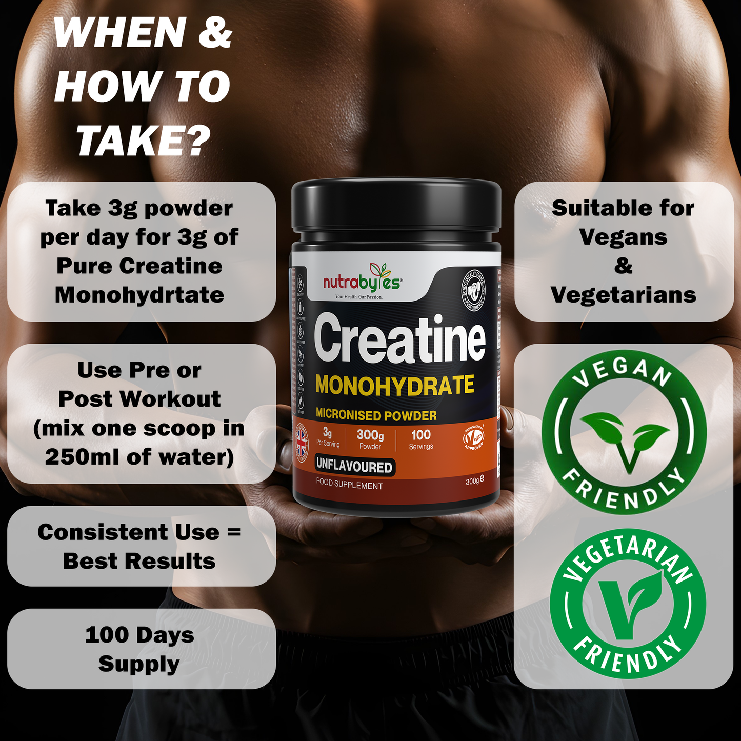 Creatine Monohydrate Powder 300g (100 Servings) | Pure Micronised Creatine Powder Supplement for Men & Women, Pre & Post Workout Strength, Muscle Growth & Recovery, Vegan | Unflavoured