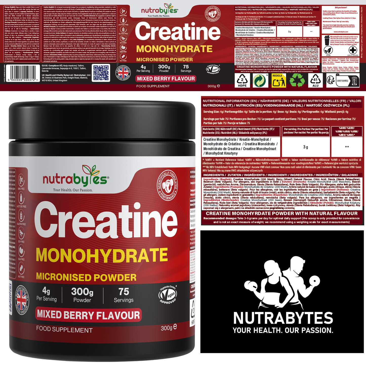 Flavoured Creatine Monohydrate Powder 300g (75 Servings) | Micronised Creatine Powder | Supplement for Women & Men | Vegan Certified
