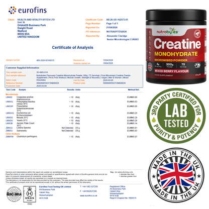 Flavoured Creatine Monohydrate Powder 300g (75 Servings) | Micronised Creatine Powder | Supplement for Women & Men | Vegan Certified