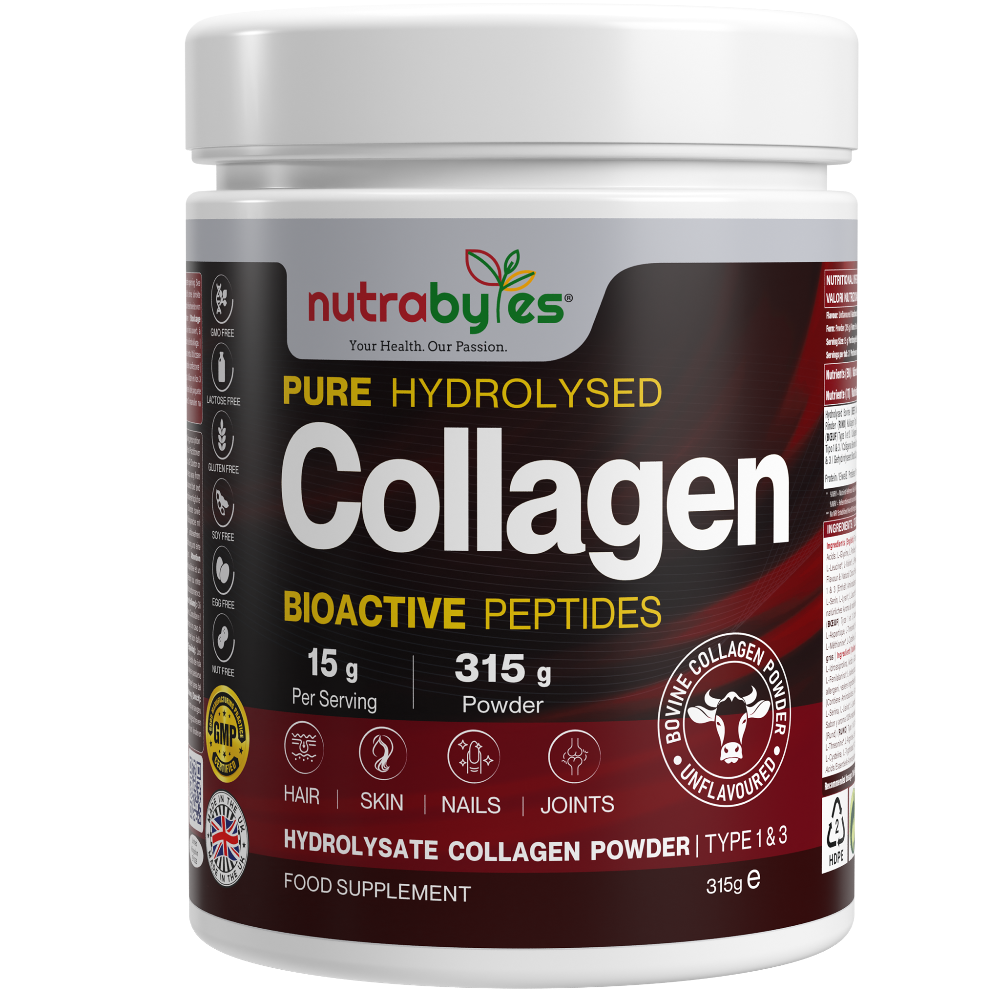 Collagen Powder 315g, Grass Fed Hydrolysed Bovine Collagen Peptides, 19 Amino Acids, Made in UK NUTRABYTES