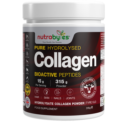 Collagen Powder 315g, Grass Fed Hydrolysed Bovine Collagen Peptides, 19 Amino Acids, Made in UK NUTRABYTES