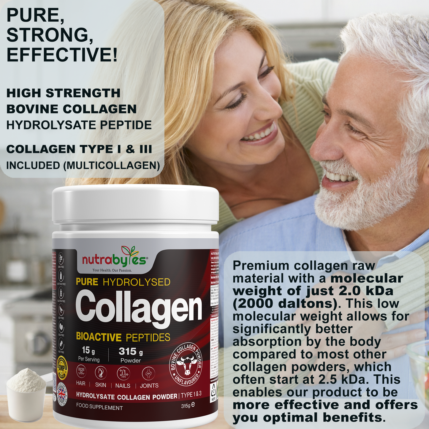 Collagen Powder 315g, Grass Fed Hydrolysed Bovine Collagen Peptides, 19 Amino Acids, Made in UK NUTRABYTES