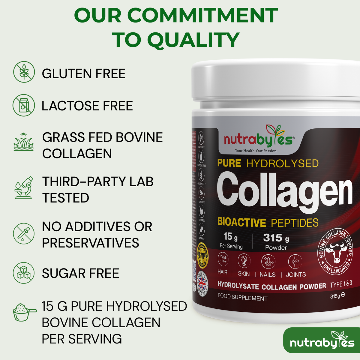 Collagen Powder 315g, Grass Fed Hydrolysed Bovine Collagen Peptides, 19 Amino Acids, Made in UK NUTRABYTES