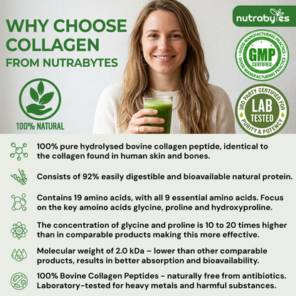 Collagen Powder 315g, Grass Fed Hydrolysed Bovine Collagen Peptides, 19 Amino Acids, Made in UK NUTRABYTES