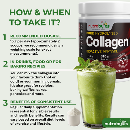 Collagen Powder 315g, Grass Fed Hydrolysed Bovine Collagen Peptides, 19 Amino Acids, Made in UK NUTRABYTES