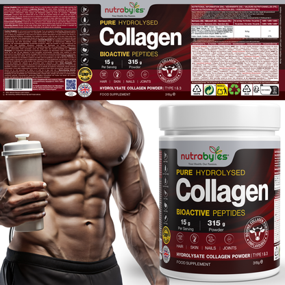 Collagen Powder 315g, Grass Fed Hydrolysed Bovine Collagen Peptides, 19 Amino Acids, Made in UK NUTRABYTES
