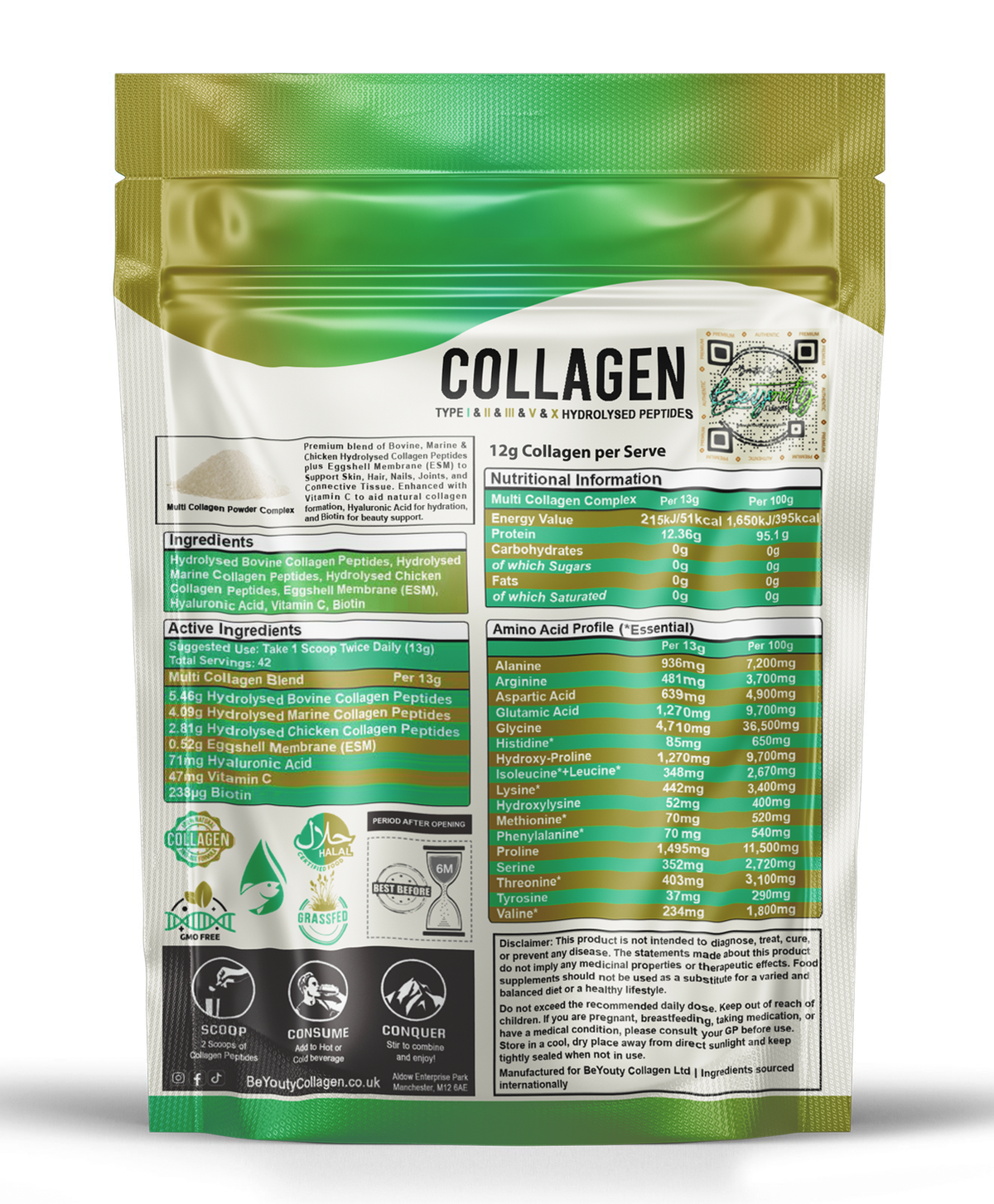 Multi 5 Types Collagen Hydrolysed Peptides TYPE I, II, III, V & X - 550G BeYouty Collagen™