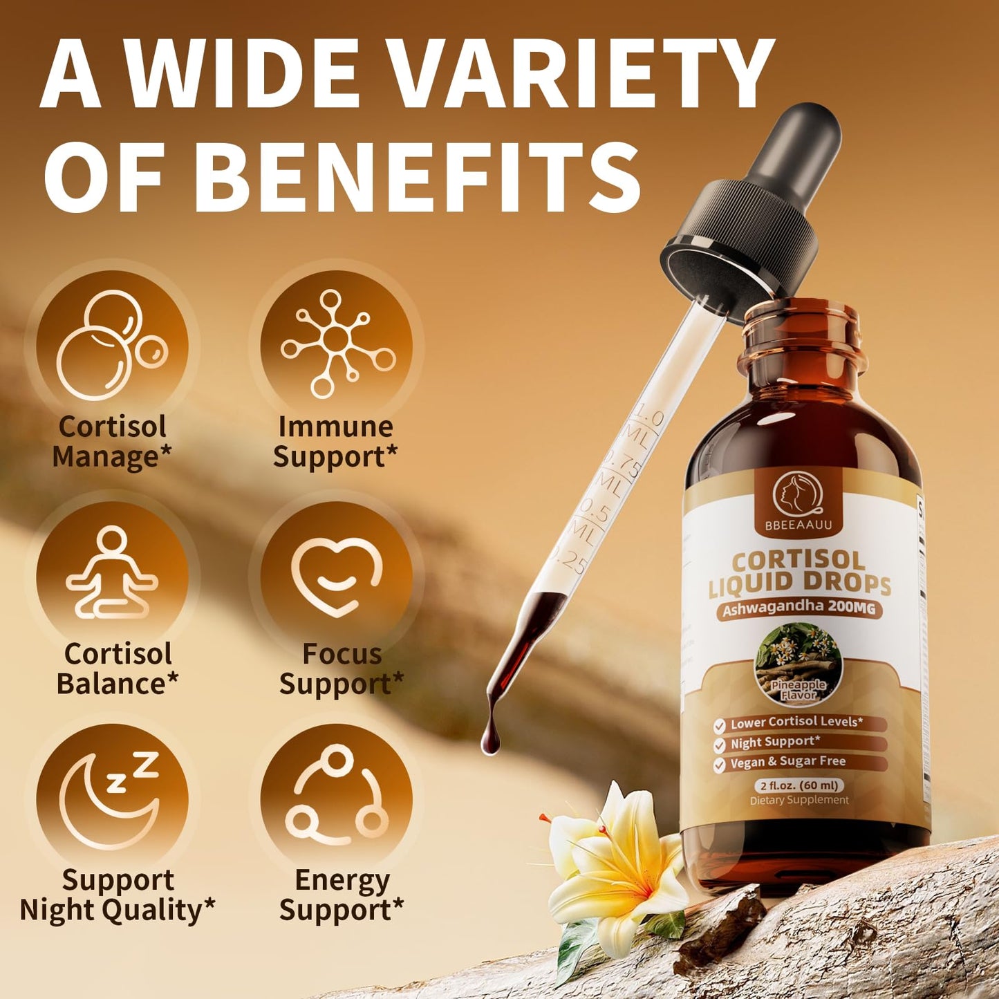 BBEEAAUU Cortisol Supplements for Women & Men | 200mg Ashwagandha, L-Theanine & Phosphatidylserine | Pineapple 60ml
