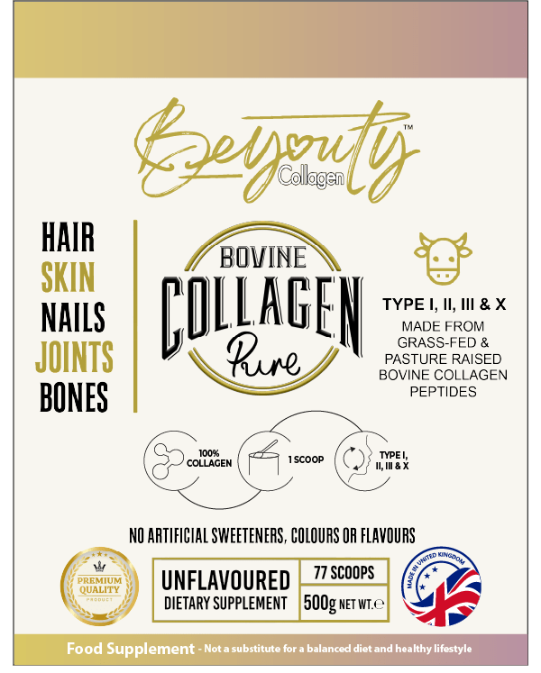 Pure Hydrolysed Bovine Collagen Peptides TYPE I, II, III & X - 500g BeYouty Collagen™