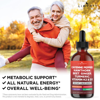 Cayenne Pepper Liquid Drops with Hawthorn Berry, D3 K2, Beet Root, Cinnamon & Turmeric - 2oz
