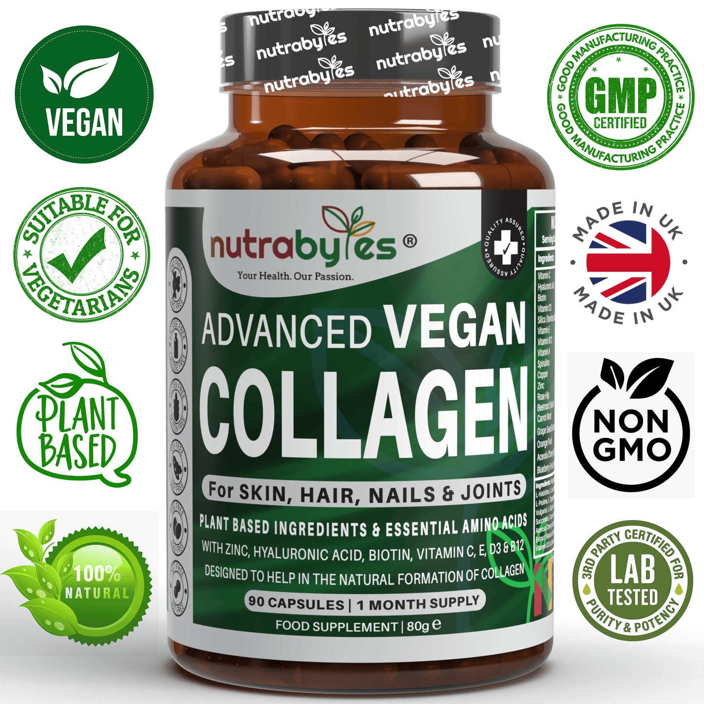 Advanced Vegan Collagen | Plant-Based Ingredients Including Essential Amino Acids | 90 Capsules | 1 Month | Hair, Skin, Nails and Joints | Collagen Supplements for Men & Women