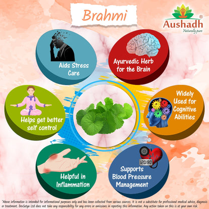 Aushadh Brahmi Capsules (Bacopa, Water Hyssop) Memory & Focus Support - Vegan, Gluten Free, Non-GMO, 60 Capsules