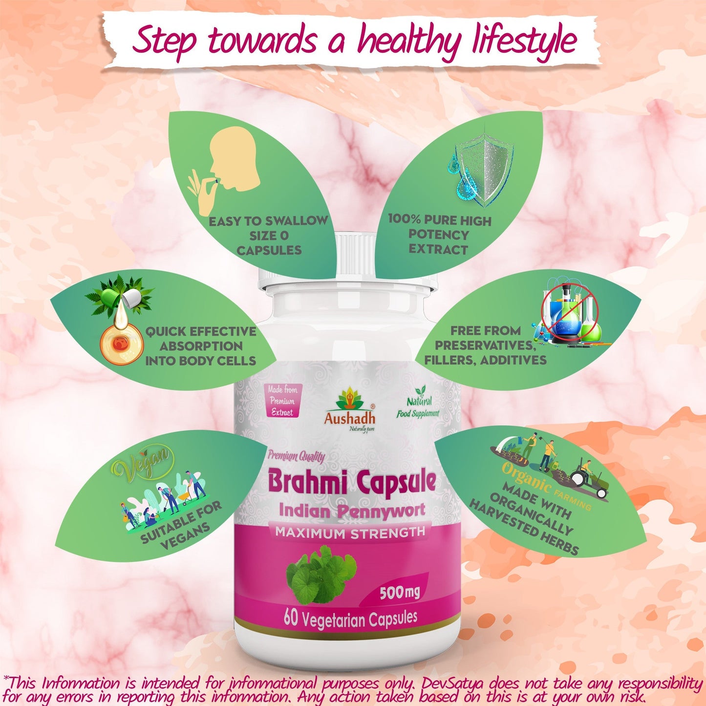 Aushadh Brahmi Capsules (Bacopa, Water Hyssop) Memory & Focus Support - Vegan, Gluten Free, Non-GMO, 60 Capsules