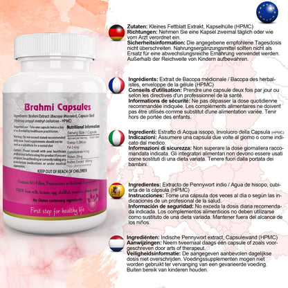 Aushadh Brahmi Capsules (Bacopa, Water Hyssop) Memory & Focus Support - Vegan, Gluten Free, Non-GMO, 60 Capsules