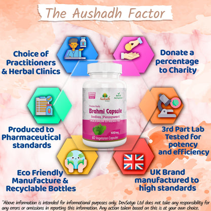 Aushadh Brahmi Capsules (Bacopa, Water Hyssop) Memory & Focus Support - Vegan, Gluten Free, Non-GMO, 60 Capsules