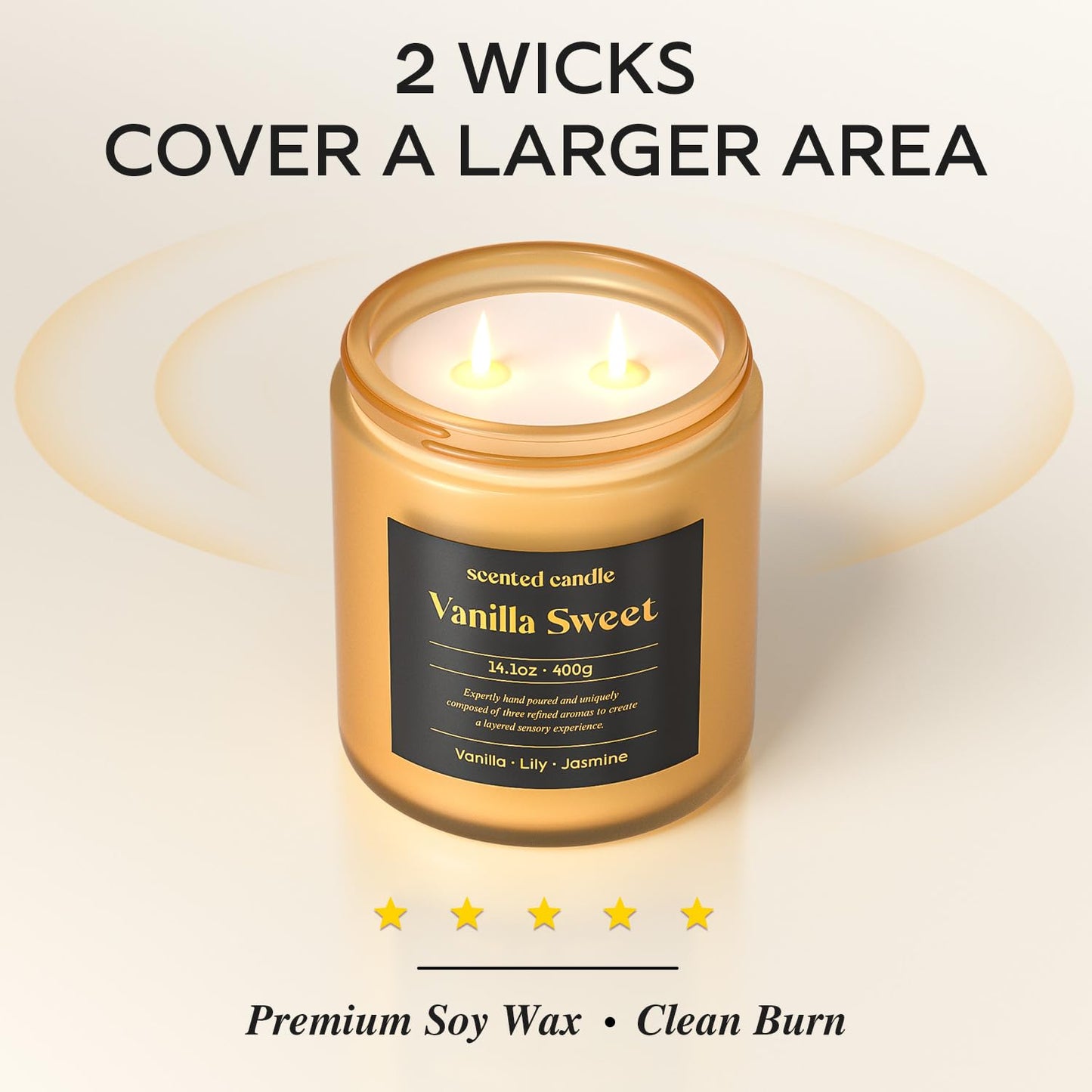 CHILLFLAME Vanilla Candle 14.1 oz - 2-Wick Scented (Vanilla, Lily, Jasmine)